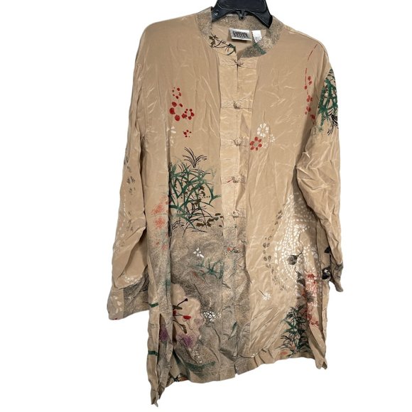 Chico's Design Silk Tunic Blouse Top Size 3 US XL Beige Floral Oriental Button - Picture 4 of 11